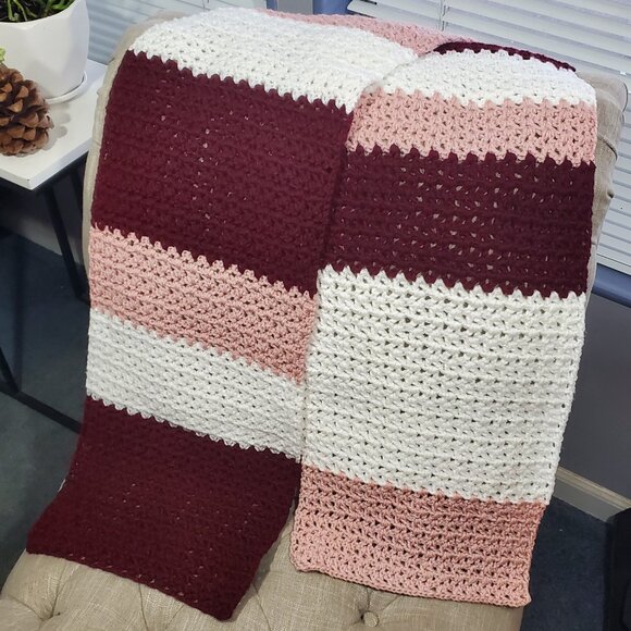 Blush Pink, White + Burgundy Crocheted Scarf - Picture 2 of 2